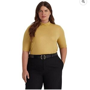 LAUREN Ralph Lauren Women 2X Gold Metallic Stretch Jersey Turtleneck Top